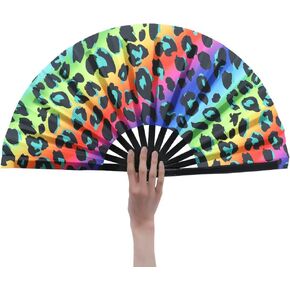 HeyToo Women/Men Large UV Glow Rave Handheld Fan for Drag Queen Cosplay EDM Club Party Music Festival Dance Decoration Lepoard