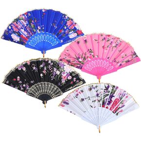 Grevosea 4 Pcs Floral Folding Fans, Vintage Handheld Lace Folding Fan Women Bamboo Fans with Tassel with Different Flower Patterns Fabric Fan for Weddings Dancing Parties and Cosplay