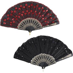 2 Pcs Folding Lace Fan, Sequin Fabric Handheld Fan for Flamenco Dance 1920s Women Costume Accessory Elegant Decoration Festival Gift (Red Black)