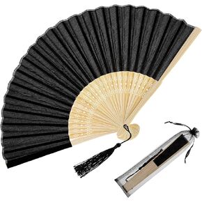 Black Folding Hand Fan, Chinese Handheld Fan with Tassel Wooden Charming, DIY Blank Paper Fan Elegant Vintage Retro Style for Decorations Festival Wedding Dancing Party Women Dance Party Home Summer