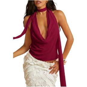 Soly Hux Women's Sexy Deep V Halter Tops Y2K Cowl Neck Backless Chiffon Summer Crop Top للخروج من ملابس النادي