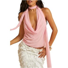 Soly Hux Women's Sexy Deep V Halter Tops Y2K Cowl Neck Backless Chiffon Summer Crop Top للخروج من ملابس النادي in Kuwait