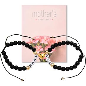 Black Mother and Son Bracelet Matching Heart Bracelets for Mama Son Birthday Gifts from Mom Mothers Day Gifts for Mom Mommy Mama Sons Bracelet Adjustable Bead Gift Set for 2