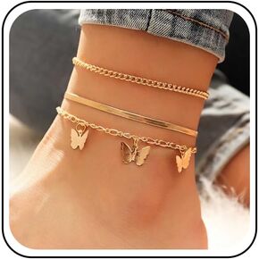 Andelaisi Boho Layered Snake Chain Butterfly Ankle Bracelets Tiny Butterfly Dangle Anklet Gold Herringbone Link Chain Anklet Bracelet Vintage Cuban Chain Foot Chain Summer Beach Anklet