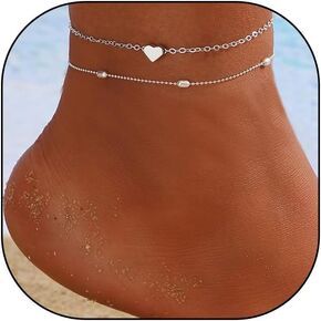 Gold Double Layered Chain Anklets for Women, Dainty Minimalist Love Heart Round Bead Anklets, Beach Charm Statement Jewelry Gifts