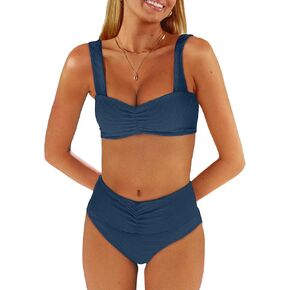 ANRABESS Bathing Suit for Women Tummy Control Bikini Set 2025 Beach Front Ruched Mid Waist Swimsuit with Adjustable Straps
