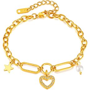 Fashion 18K Gold Plated Stainless Steel Heart Star Charm Adjustable Link Chain Bracelet