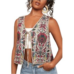 Verdusa Women's Boho Floral Vest Tie Front V Neck Sleeveless Festival Western Outwear Jacket