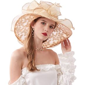 2025 Kentucky Derby Hats for Women- Organza Church Hat Fascinator Hat for Tea Party Bridal Wedding Hat Wide Brim Sun Hat