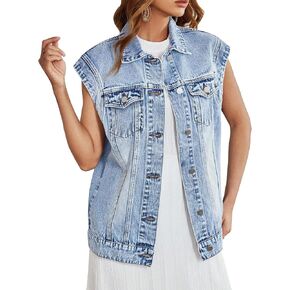 LifeShe Women Denim Vest Jacket Oversized Cap Sleeve Jean Jacket Waistcoat for Women Button Down Summer Top