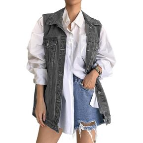 Women's Vintage Denim Vest Oversized Button Down Jean Waistcoat Gilet Sleeveless Jean Jacket