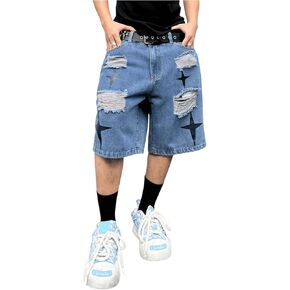 GORGLITTER Men's Ripped Jean Shorts Zipper Fly Star Print Distressed Denim Shorts with Pockets