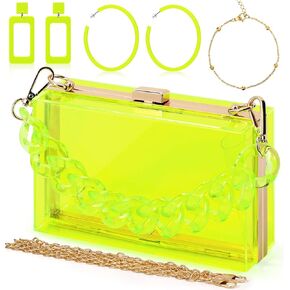 Jadive 4 PCS Women Acrylic Hand Presh Clear Clutch Evening Bag Bresring Enring Bracelet Set Neon Vintage Wedding Gift