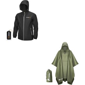 PTEROMY Hooded Rain Poncho with Pocket + Packable Rain Jacket with Reflective Zipper