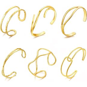 BOMAIL 6Pcs Gold Cuff Bracelets for Women 14K Gold Plated Stackable Cuff Set Multi-layer Cross Wire Bangle Bracelets Hammered Wrist Thin Minimalist Gold Cuff Bracelet