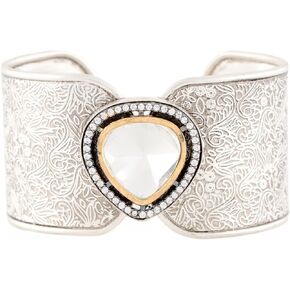 Oxidized Silver Cuff Bracelet with Kundan Crystal – Wide Statement Cuff, Handmade Sterling Silver Bracelet, Adjustable Bangle Bracelet for Women