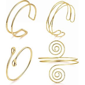 4PCS Upper Arm Cuff Bracelets for Women Gold Silver Cuff Bangle Bracelet Adjustable Upper Arm Bands Armband Set Simple Open Armlet