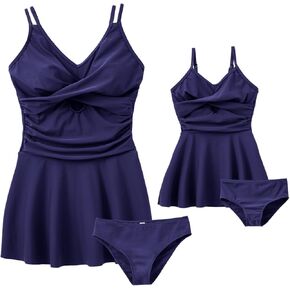 IFFEI Mommy and Me Swimsuits V Neck Cutout Two Piece Swim Dress Tummy Control Tankini Bathing Suit Swimwear with Bottom