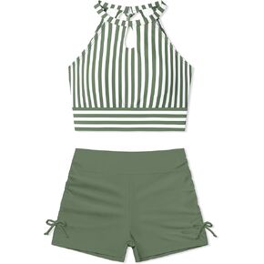 Girls Swimsuits Size 10-12 Girls Tankini White-Green Striped Halter Neck Cute Kids Girls Bathing Suits Green Swim Shorts 2 Piece Girls Swimwear 11-12