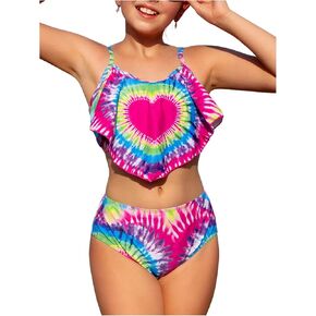 Girl's Tankini Swimsuit Heart Print Asymmetrical Hem Bathing Suit 2 Piece Cute Swimwear Set
