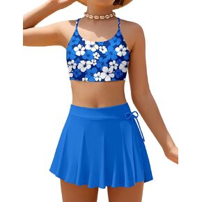 Girls Swimsuit Tropical Floral Bikini + Side Slit Pleated Skirt with Shorts 2 Piece Bathing Suit Girls Swimwear 7-14Y