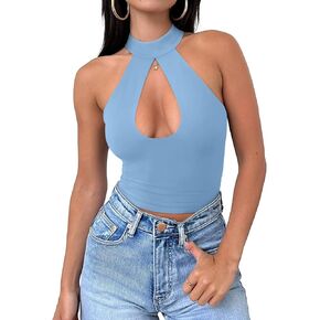 REORIA Women's Sexy Criss Cross Halter Neck Crop Tops Trendy Sleeveless Y2K Nightout Clubwear Going Out Tops