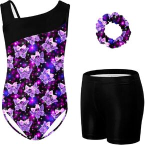 UNICOMIDEA Gymnastics Leotard for Girl 5-10Y Kid Sloping Shoulders Ballet Dance Set with Shorts Scrunchie 3pcs