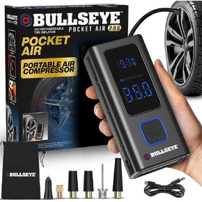 POCKET AIR PRO Tire Inflator Portable Air Compressor by Bullseye Pro for Tires, Balls, Inflatables, Auto Shut Off, Inflates in 2 Min, Cordless Rechargeable 6000 mAh,120 PSI, SoS Light for Emergencies