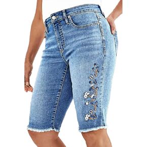 Flamingals Women's Casual Denim Shorts Mid Rise Stretchy Raw Hem Floral Embroidery Bermuda Shorts