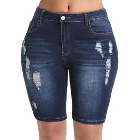 Women's Ripped Stretchy Bermuda Shorts High Waisted Long Denim Jean Shorts
