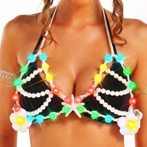 GRAEEN Light Up Mermaid Starfish Bra Top Led Pearls Halter Chest Top Glow Summer Beach Costume Bikini Tops for Women