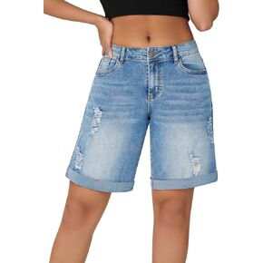 roswear Women’s Wide Leg High Waisted Stretchy Ripped Cuffed Denim Jeans Shorts
