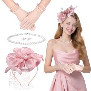 Fascinators Hat for Women with Gloves and Earrings Set for Tea Parties Wedding (US, Alpha, One Size, Pink)