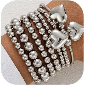FANDY Silver Beaded Bracelets Set for Women, 3-12Pcs Boho Trendy Simple Stretch Bracelet Stack Ball Beaded Tube Bangle Bracelet Jewelry Set for Gifts