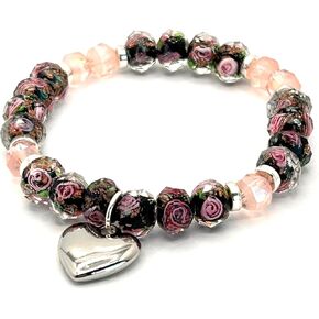 Elegant Floral 9-10MM Black and Pink Roses Gold Sand Lampwork Beads with Sparkling Crystals and Silver Puffed Heart Charm Beaded Stretch Bracelets Gifts for All Occasions Promotes Successfulness