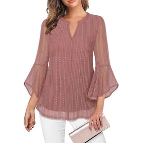 VALOLIA Women's 3/4 Sleeve Dressy Blouses Shirts Casual Loose Fit Mesh Layered Flowy Tunic Tops