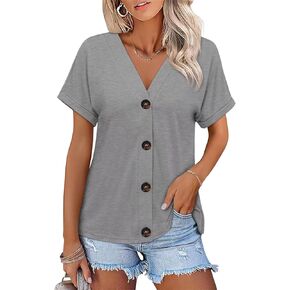 ORANDESIGNE Women's Short Sleeve V Neck Tops Casual Button Down Summer T Shirts Basic Ladies Tees