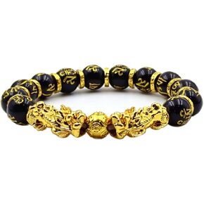 FengShui Wealth And Luck Bracelet, Feng Shui Black Obsidian Pixiu Wealth Bracelet Prosperity Buddha Beads Elastic Bracelets for Women Men Jewelry