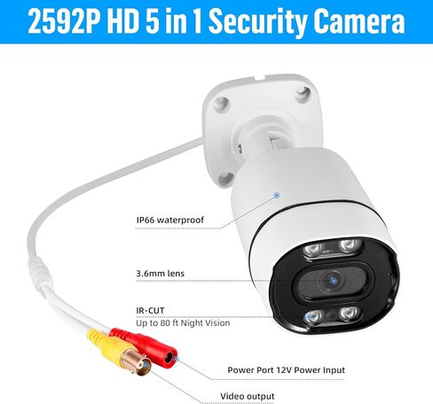 Fuers 1080p Security Camera 5-in-1 CCTV Bullet Wired Cam, AHD/TVI/CVI/XVI/CVBS, Analog Surveillance Video Add–On Camera for Indoor/Outdoor Use, 80ft Clear Night Vision (Power Adapter Not Included) in Kuwait