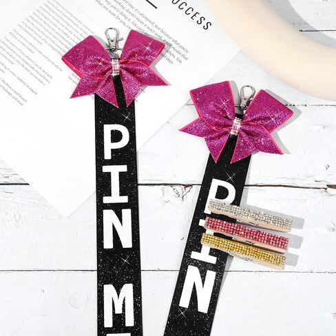 Aileam 6 PCS Cheer Pin Me Ribbon Cheer Bag Bow Keychain with Rhinestones in Neon Pink/Black for Teen Girls Cheerleading Sports Accessory in Saudi Arabia