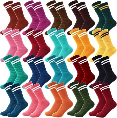 20 Pairs Colorful Striped Crew Socks Athletic Crew Solid Color Striped Cotton Tube Half Women Men Socks in Kuwait