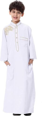 Idopip Muslim Thobe for Boys Kids Long Sleeve الإسلامية العربية Kaftan Robe التطريز على ملابس الصلاة في الشرق الأوسط مع جيوب in Kuwait