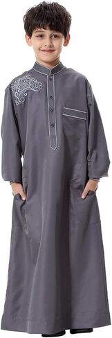 IDOPIP Muslim Thobe for Boys Kids Long Sleeve Islamic Arabic Kaftan Robe Embroidery Middle East Prayer Clothes with Pockets in Saudi Arabia