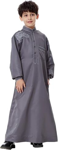IDOPIP Muslim Thobe for Boys Kids Long Sleeve Islamic Arabic Kaftan Robe Embroidery Middle East Prayer Clothes with Pockets in Saudi Arabia