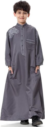 IDOPIP Muslim Thobe for Boys Kids Long Sleeve Islamic Arabic Kaftan Robe Embroidery Middle East Prayer Clothes with Pockets in Saudi Arabia