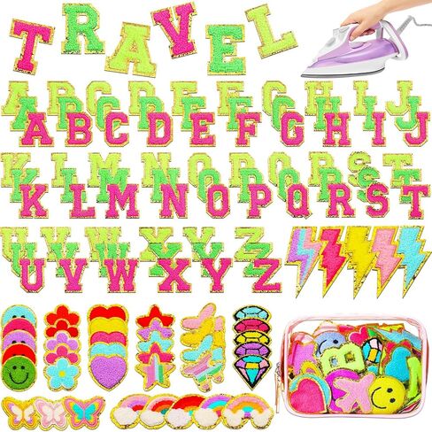 120 Pieces Chenille Letter Patches Iron on Patches Embroidered Patches Include 78 Pcs Sew Letter Patches 42 Pcs Star Heart Flower Patches Gift for Christmas Jackets Clothing(Pink, Purple, Blue) in Kuwait