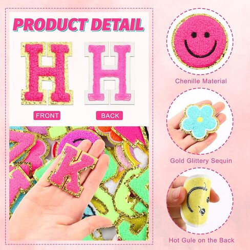120 Pieces Chenille Letter Patches Iron on Patches Embroidered Patches Include 78 Pcs Sew Letter Patches 42 Pcs Star Heart Flower Patches Gift for Christmas Jackets Clothing(Pink, Purple, Blue) in Kuwait