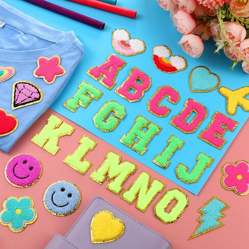 120 Pieces Chenille Letter Patches Iron on Patches Embroidered Patches Include 78 Pcs Sew Letter Patches 42 Pcs Star Heart Flower Patches Gift for Christmas Jackets Clothing(Pink, Purple, Blue) in Kuwait