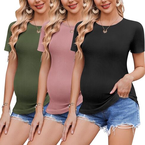 ekouaer الموضة نساء بعد الولادة قمصان مضلعة حاكمة بلوزة الأمومة جولة الرقبة الأم tshirts teshirts خفيفة الوزن الحمل المحملات 3 حزمة in Saudi Arabia