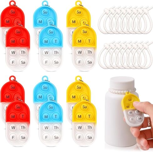 3 Pack Pill Reminder Medication Pill Tracker Bottle with Ties Reusable Daily Medication Tracker Portable with Button 7 Day Memory Aid Medication Dose Silicon for The Elderly Red Yellow Blue(3) in Kuwait